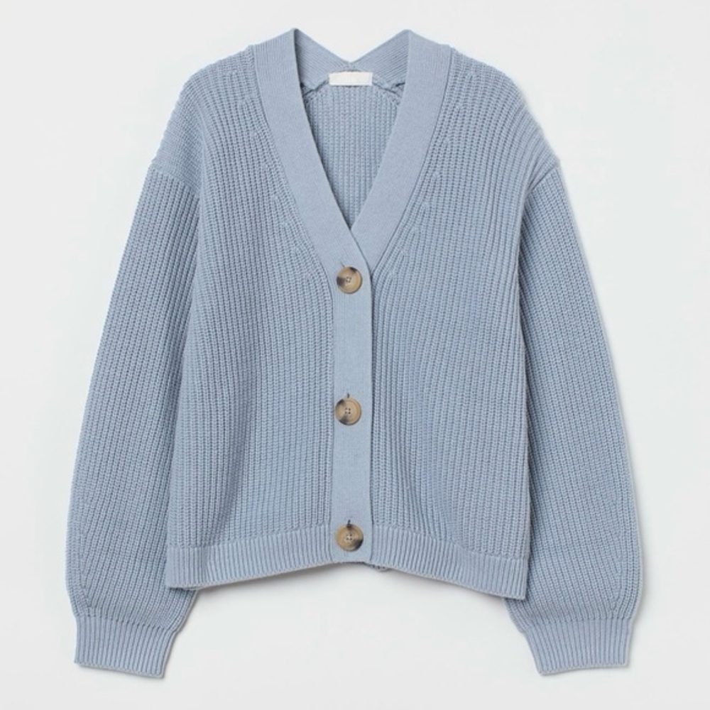 H&M Rib-knit Women Cardigan V-neck Long Sleeve Light Blue